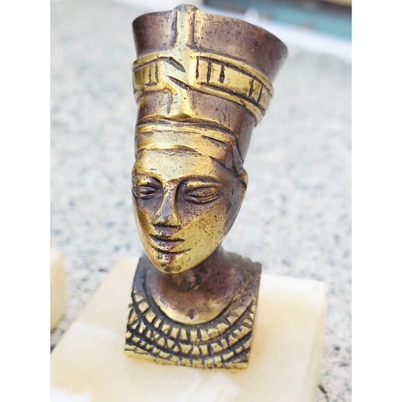 Set of2 Egyptian QUEEN NEFERTITI Bust Brass Sculpture MARBLE BASE 4.25" Tall - Picture 2 of 4